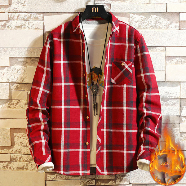 Плътна мъжка риза за зимата в червен и тъмносин цвят