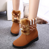 Ежедневни дамски боти с пух и панделка в черен и кафяв цвят