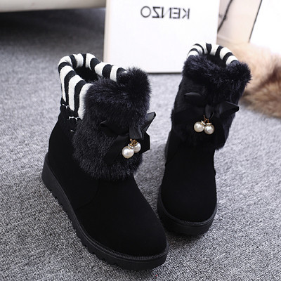 Ежедневни дамски боти с пух и панделка в черен и кафяв цвят