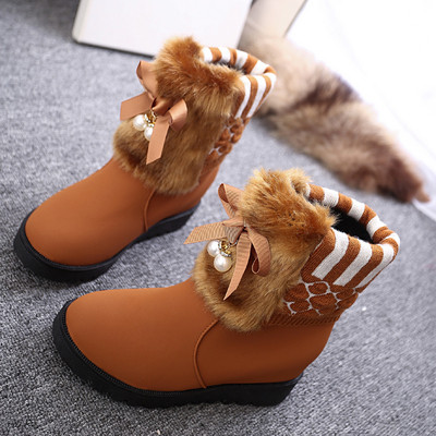 Ежедневни дамски боти с пух и панделка в черен и кафяв цвят