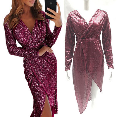 Блестяща дамска рокля с V-образно деколте в няколко цвята