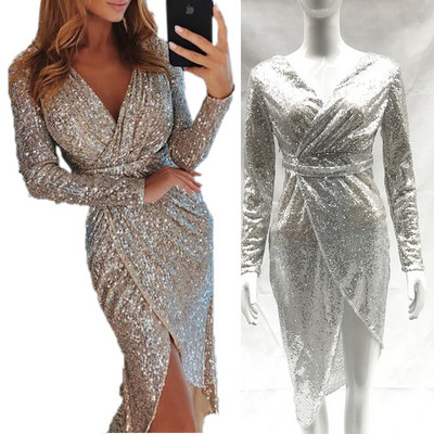 Блестяща дамска рокля с V-образно деколте в няколко цвята