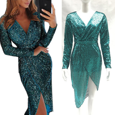 Блестяща дамска рокля с V-образно деколте в няколко цвята