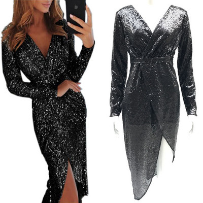 Блестяща дамска рокля с V-образно деколте в няколко цвята