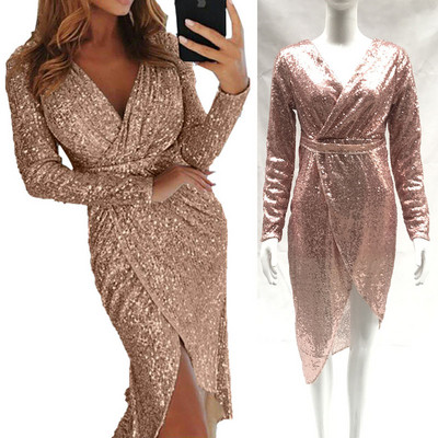 Блестяща дамска рокля с V-образно деколте в няколко цвята