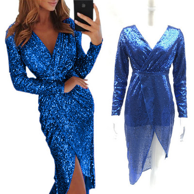 Блестяща дамска рокля с V-образно деколте в няколко цвята