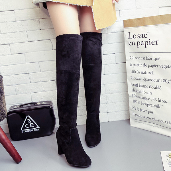 Стилни дамски ботуши с дебел ток от еко велур в няколко цвята