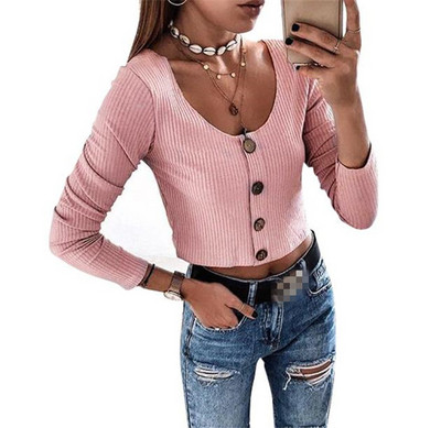 Модерена дамска блуза къс модел с копчета в няколко цвята