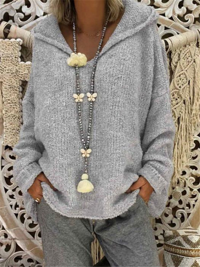 Καθημερινό γυναικείο  πουλόβερ σε γκρι χρώμα  με κουκούλα