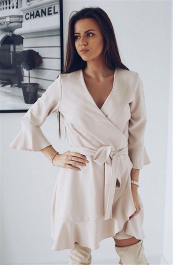 Finom női ruha V-nyakú és lótusz ujjú három színben