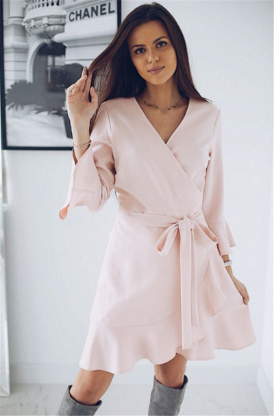 Finom női ruha V-nyakú és lótusz ujjú három színben