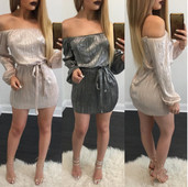 Rochie moderna de dama cu efect stralucitor si maneci cazute in doua culori