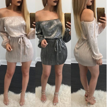 Rochie moderna de dama cu efect stralucitor si maneci cazute in doua culori