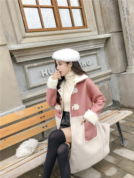 Ежедневно дамско палто с пух и джобове в син и розов цвят