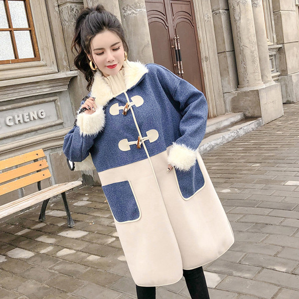 Ежедневно дамско палто с пух и джобове в син и розов цвят