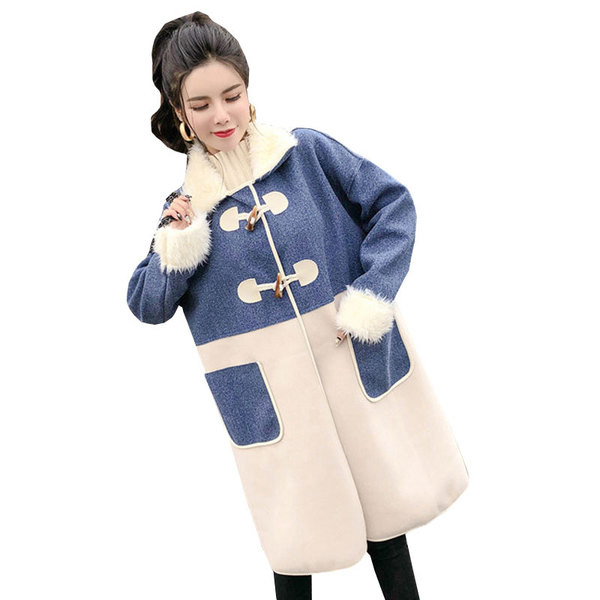 Ежедневно дамско палто с пух и джобове в син и розов цвят