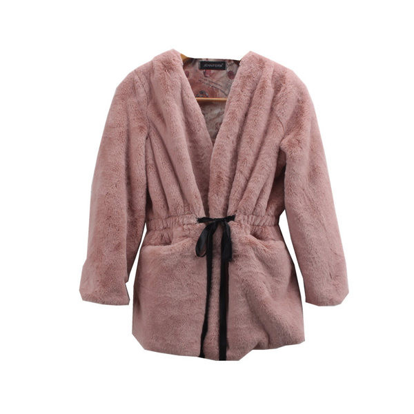 Пухено дамско палто с джобове и еластична талия с връзки в розов цвят