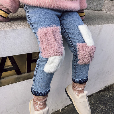 Модерни детски дънки за момичета с еластична талия и пух