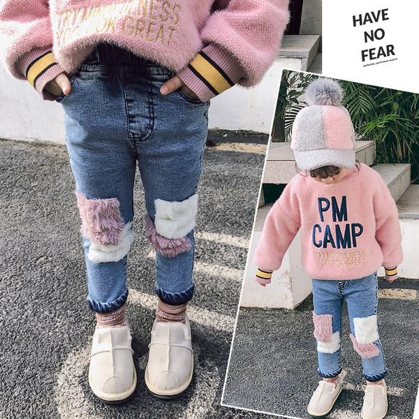 Модерни детски дънки за момичета с еластична талия и пух