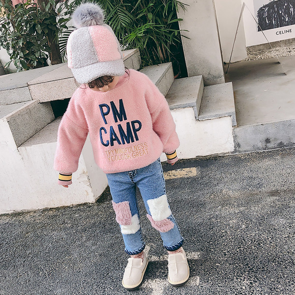 Модерни детски дънки за момичета с еластична талия и пух