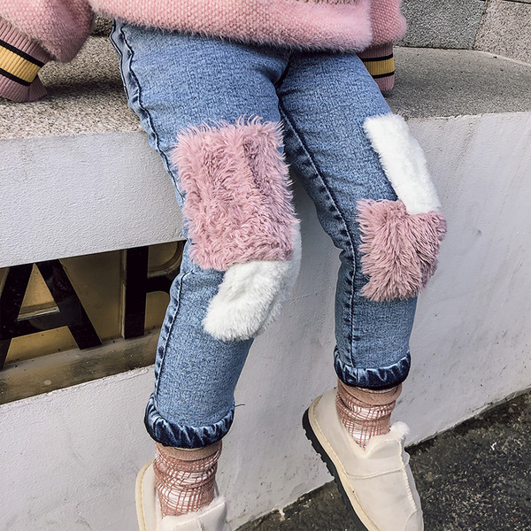 Модерни детски дънки за момичета с еластична талия и пух