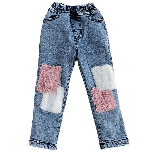 Модерни детски дънки за момичета с еластична талия и пух