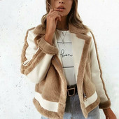 Есенно-зимно дамско палто с мека подплата и V-образна яка