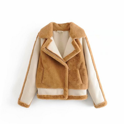 Есенно-зимно дамско палто с мека подплата и V-образна яка