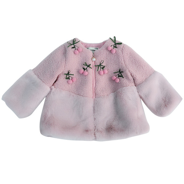 Стилно детско палто с пух и 3D декорация в розов и бял цвят