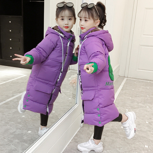 Дълго детско яке с качулка и щампа в три цвята