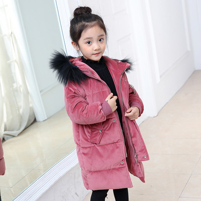 Актуално детско яке за момичета дълъг модел с пух на качулката в три цвята