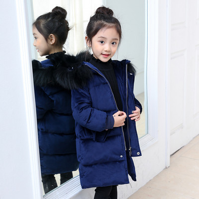 Актуално детско яке за момичета дълъг модел с пух на качулката в три цвята