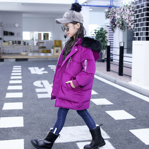 Актуално детско яке за момичета дълъг модел с пух на качулката  в три цвята 