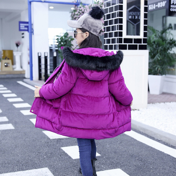 Актуално детско яке за момичета дълъг модел с пух на качулката  в три цвята 