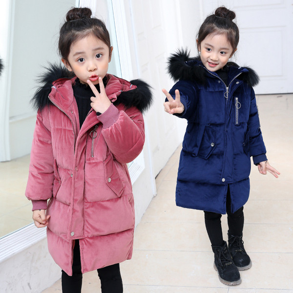 Актуално детско яке за момичета дълъг модел с пух на качулката  в три цвята 