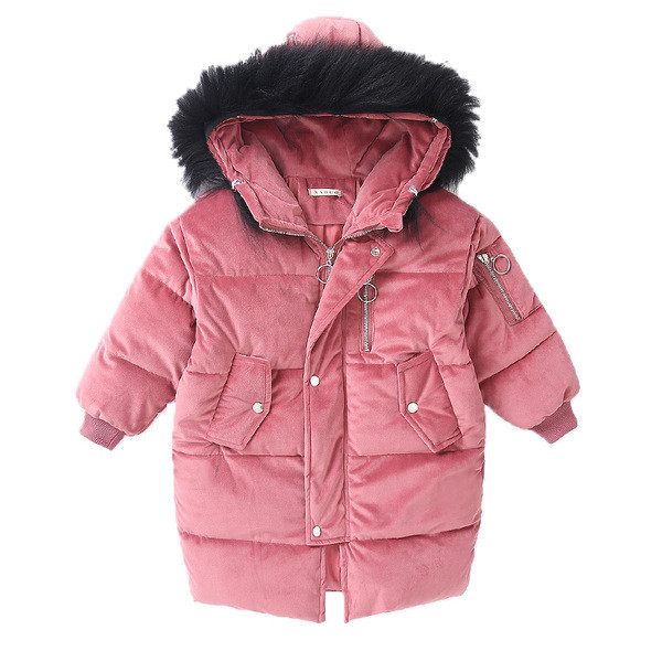 Актуално детско яке за момичета дълъг модел с пух на качулката  в три цвята 