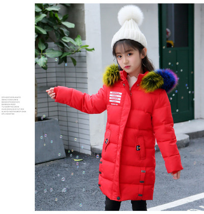 Зимно детско яке за момичета дълъг модел с цветен пух в черен и червен цвят