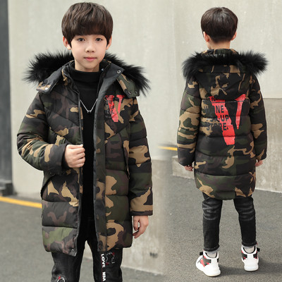 Зимно детско яке за момчета в камуфлажен десен дълъг модел 