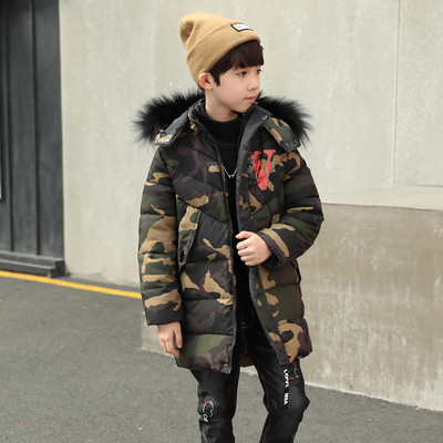 Зимно детско яке за момчета в камуфлажен десен дълъг модел