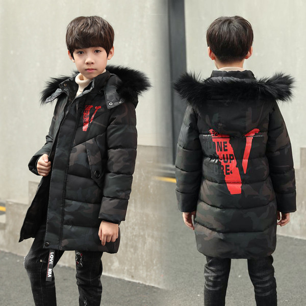 Зимно детско яке за момчета в камуфлажен десен дълъг модел 