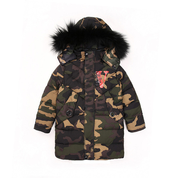 Зимно детско яке за момчета в камуфлажен десен дълъг модел 