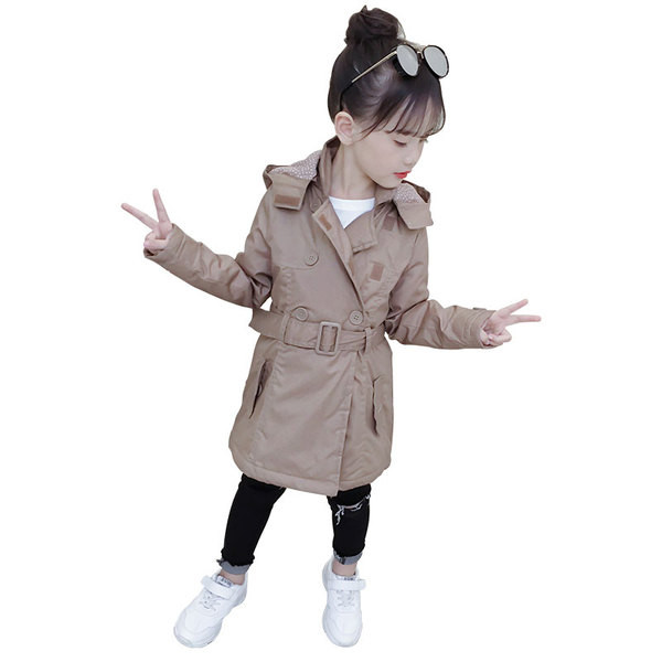 Стилно детско яке за момичета с колан и качулка в кафяв цвят