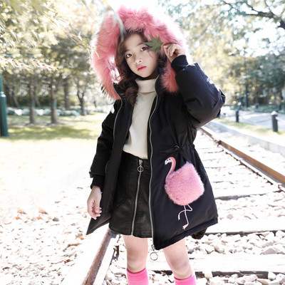 Модерно детско зимно яке за момичета с апликация и пух в черен и зелен цвят