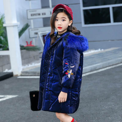 Нов модел детско зимно яке дълъг модел с цветен пух и цветна бродерия в два цвята