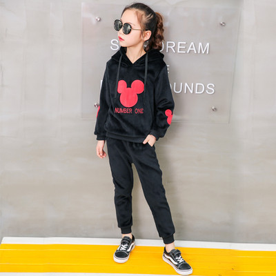 Ежедневен детски комплект за момичета с щампа в черен и розов цвят