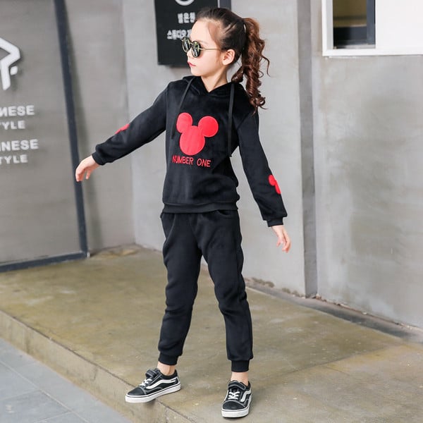 Ежедневен детски комплект за момичета с щампа в черен и розов цвят