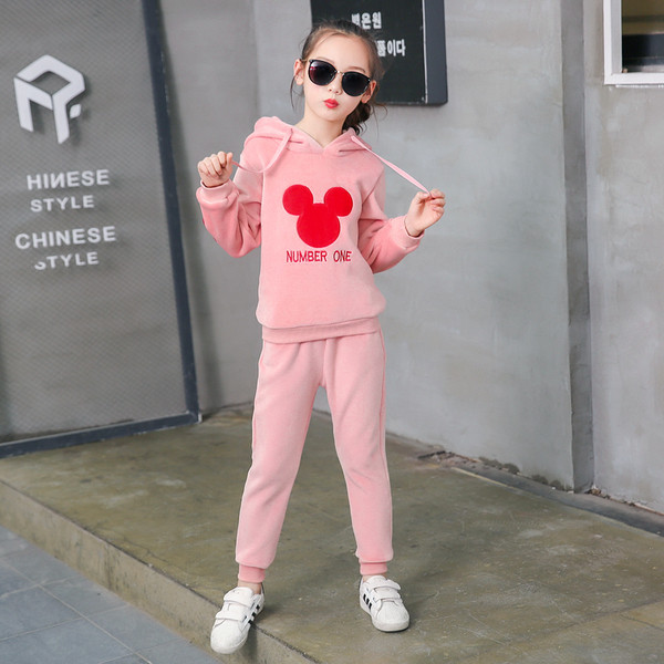 Ежедневен детски комплект за момичета с щампа в черен и розов цвят