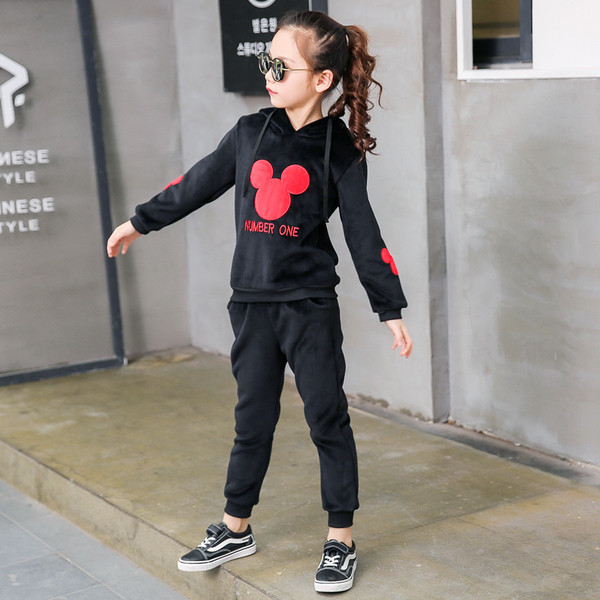 Ежедневен детски комплект за момичета с щампа в черен и розов цвят