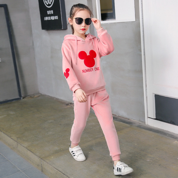 Ежедневен детски комплект за момичета с щампа в черен и розов цвят