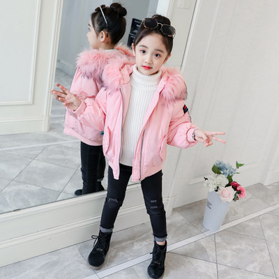 Есенно-зимно детско яке за момичета с пух на качулката в черен и розов цвят